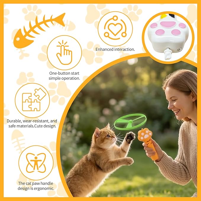 Cat Fetch Toy, Rechargeable Flying Disc Launcher Toy with 6 Flying Discs, Cat Toy Launcher, Flying Bird Cat Toy, Cat Interactive Toys for Outdoor and Indoor (Yellow)