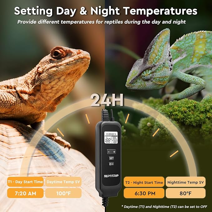 8.5" Reptile Heat Lamp Fixture with PID Dimming Thermostat, Independent Day Night Temperature Control, MAX 150W (Bulb Not Included)