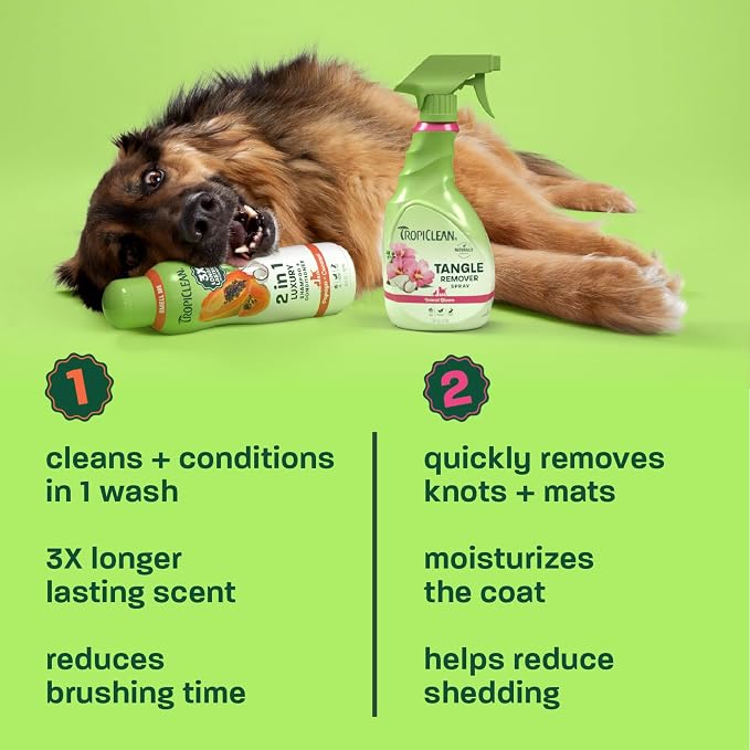 TropiClean 2-in-1 Dog Shampoo and Conditioner & Dog Detangler Spray Dematting, Grooming Bundle, Puppy Safe, Made in USA