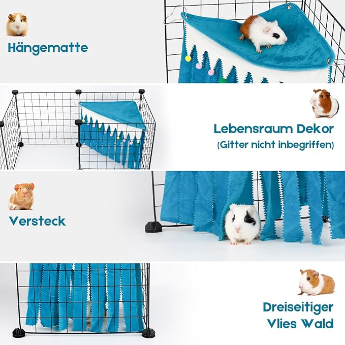 Guinea Pig Hideout - Guinea Pig Corner Hideout, Three-Sided Fringes, Triangle Top and Washable Hides, Suitable Hides for Rabbit and Other Small Pets, No Metal Fences, Blue