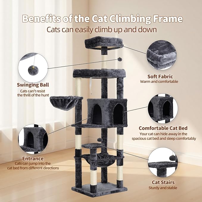 67-Inch Cat Tree with Bed, Hammock, Observation Deck, Plush Platform & Toy Ball for Indoor Cats (Grey)