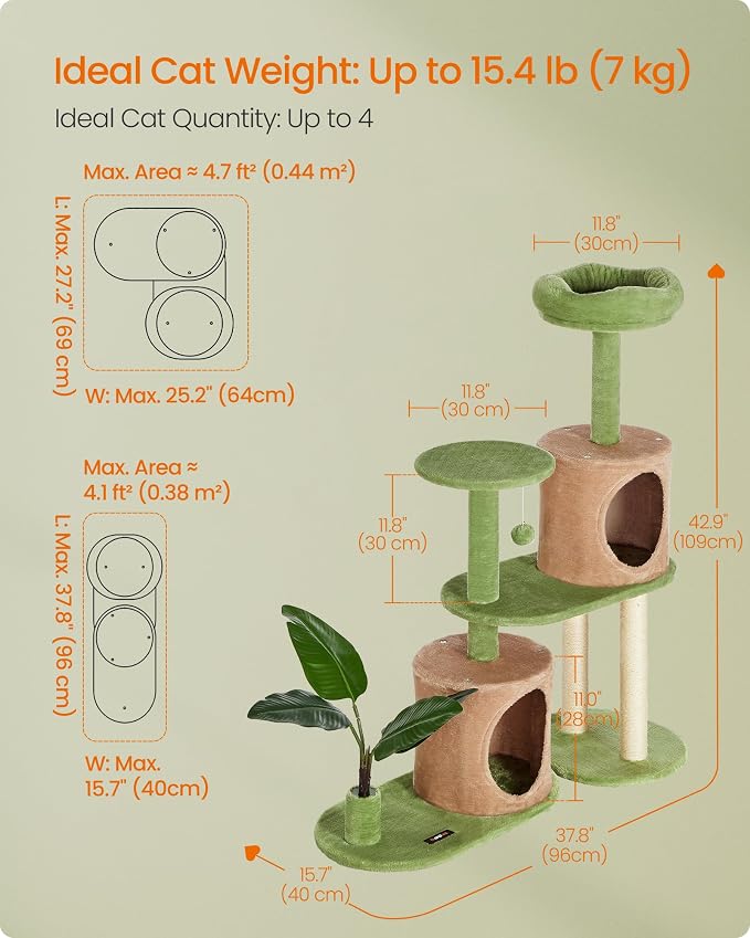 Feandrea Cat Tree, 42.9 Inches Tall Cat Tower, Multi-Level Plush Condo with Artificial Leaves, Scratching Posts, Grass Green and Camel Brown UPCT011C101S