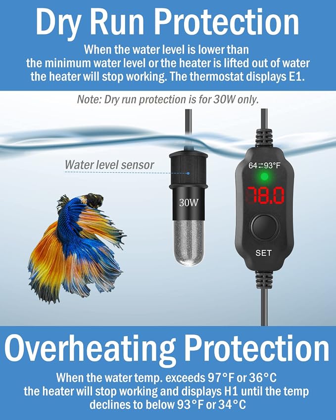 AquaMiracle Mini Aquarium Heater 30W Small Fish Tank Heater for 4-6 Gal Tanks, Digital Display Thermostat Betta Heater with Dry-Run & Overheat Protection, Memory Function