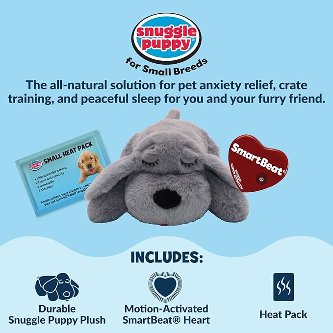 Snuggle Puppy Junior, Heartbeat Puppy Toy for Small Breeds, Smaller Plush Dog Toy with Real-Feel Pulse, Designed for Crate Use and Early Routines - Gray