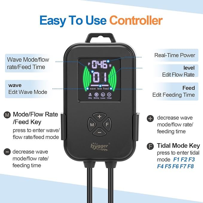 hygger Aquarium Crossflow Wave Maker, Adjustable Direction & Flow Gyre Wavemaker 5 Wave Modes & Tidal Mode Magnetic Powerhead Circulation Pump with Controller For Saltwater Coral Reef Tank 4750GPH