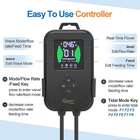 hygger Aquarium Crossflow Wave Maker, Adjustable Direction & Flow Gyre Wavemaker 5 Wave Modes & Tidal Mode Magnetic Powerhead Circulation Pump with Controller For Saltwater Coral Reef Tank 3100GPH