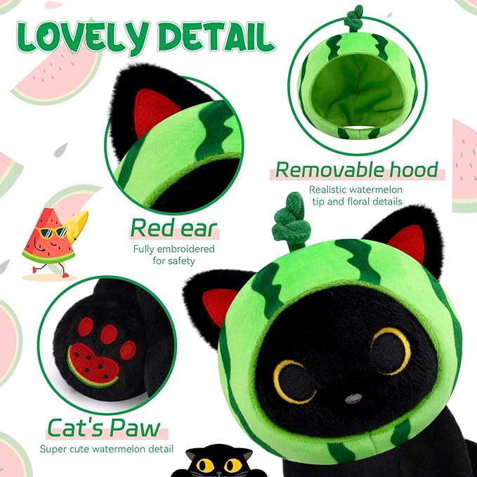 Black Cat Plush - 8inch Cute Stuffed Cat with Removable Watermelon Hood - Soft Kawaii Stuffed Animal for Girls, Kitten Plushie Toy for Boys, Summer Birthday Gift for Kids & Adults