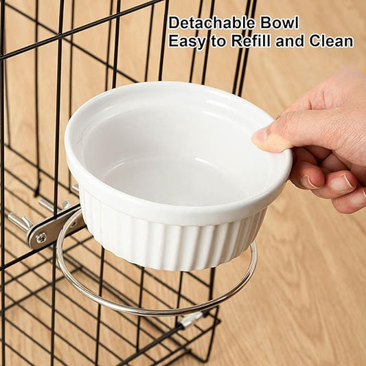 Rabbit Hanging Ceramic Bowl, Removable Cage Feeder Thick Ceramic Bowl with Stainless Steel Support Ring Pet Water Food Bowl for Small Animal Chinchilla Ferret Small Dog & Cat (4.92 * 1.97”)