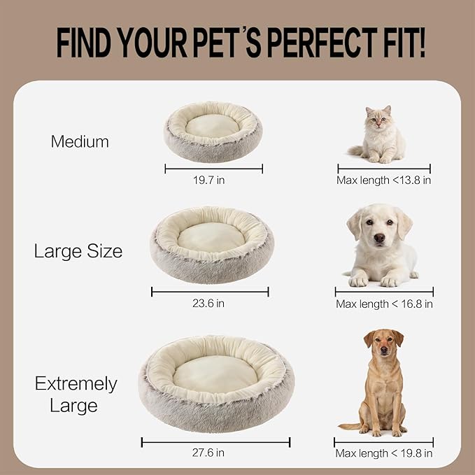 Calming Donut Dog Bed Cat Bed, Fluffy Long Fur Outer & Short Fur Inner, Sweat-Free Cozy Cuddler, Non-Slip Bottom,for Small Medium Dogs Cats Puppy Kitten (Donut Bed - Coffee Color, Large Size 23.6 in)