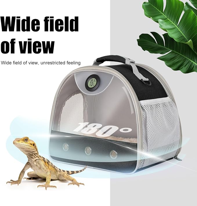 Bearded Dragon Travel Backpack Carrier with Reptile Thermometer and Humidity Gauge Lizard Travel Cage Space Capsule Clear Bubble Window Astronaut Reptile Bag for Ball Python (Black, Carrier+I LSH)
