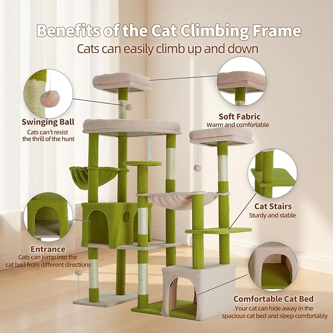 Indoor Cat Tree for Large Cats, 64.5 Inch Multi-Cat Cat Tree, Includes 3 Perches, 2 Cat Beds, 2 Hanging Baskets, Ideal for Multiple Cats to Play (Green + Pink)