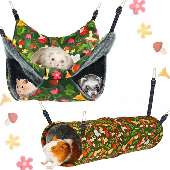 Straps are Adjustable Ferret Rat Hammock Set Guinea Pig Hideout Bed,Soft Hamster Toys Hanging Tunnels and Tubes,Plush Small Animal Pet Chinchilla for Cage Accessories Hide,Play and Sleep,2 Pack,Green