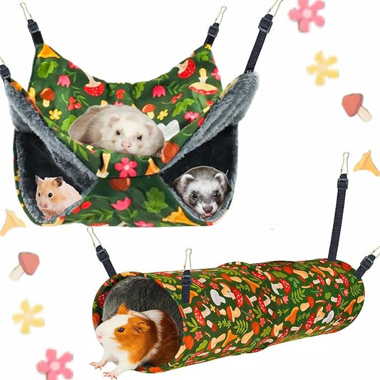 Straps are Adjustable Ferret Rat Hammock Set Guinea Pig Hideout Bed,Soft Hamster Toys Hanging Tunnels and Tubes,Plush Small Animal Pet Chinchilla for Cage Accessories Hide,Play and Sleep,2 Pack,Green