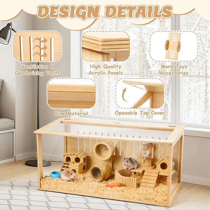 Leinuosen 14 in 1 Wooden Hamster Cage 32 Inch Guinea Pig Cages with House Water Bottle Wheel More Guinea Pig Cage Accessories Large Hamster Cages and Habitats Acrylic Openable Top for Small Animal