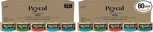 Reveal Natural Wet Canned Cat Food, 5-Flavor Variety Pack, Limited Ingredient, Grain Free, High Protein with No Artificial Additives, Fish Variety in Broth (20 x 2.47 oz Cans) (Pack of 60)