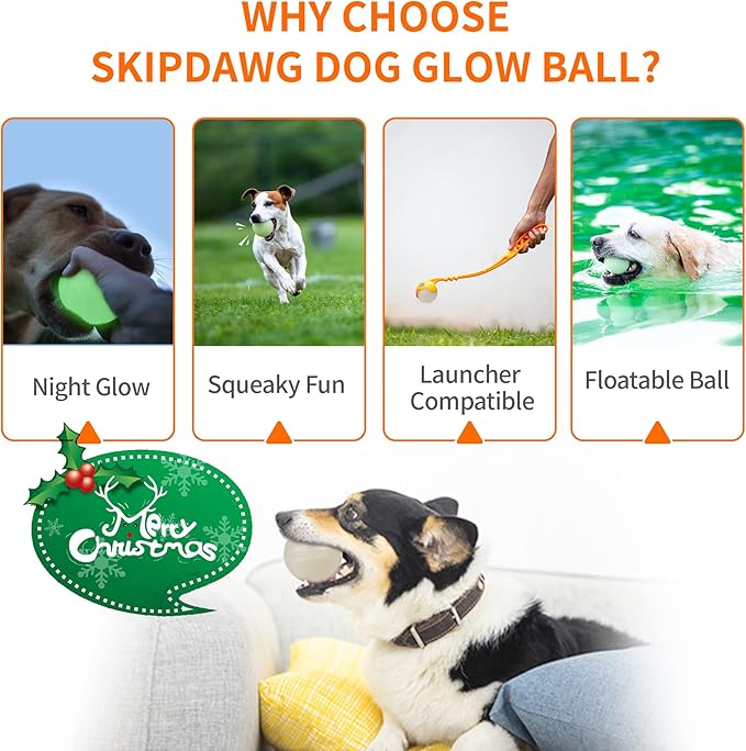 SKIPDAWG Interactive Squeaky Dog Ball, Light Up Pet Ball Glow in Dark, Floating Pet Toy Durable TPR Light Weight, Bouncy Dog Toy Size 2.5 Inches, 1 Pack