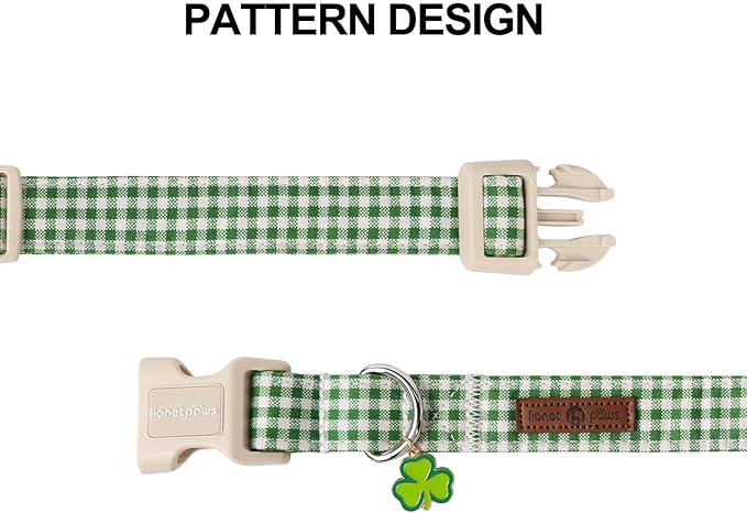 Lionet Paws St. Patrick Dog Collar, Comfortable Adjustable Green Collar with Green and White Grid Pattern for Large Male Female Dogs Collars,Neck 16-24 inches