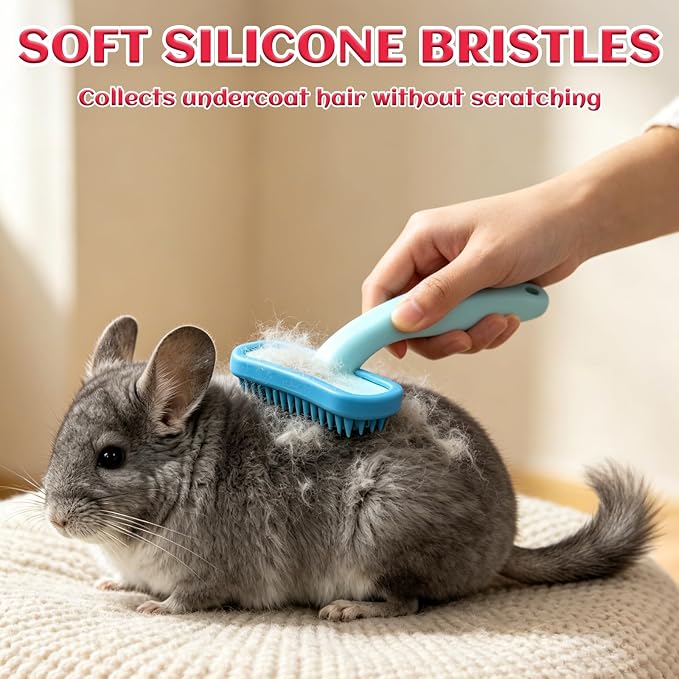 3PCS Rabbit Brush, Bunny Grooming Comb Pink & Blue Soft Silicone Small Pet Brushes with Grey Cleaning Brush, Small Animals Massager Cat Shedding Brush Pet Hair Remover Dog Combs for Kittens Puppies