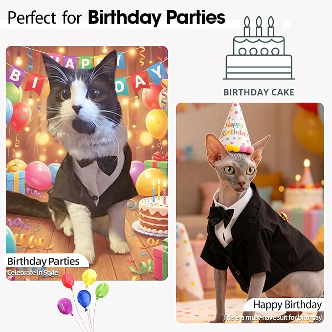 QBLEEV Cat Tuxedo Outfit with Bow Tie, Sphynx Cat Costume Formal Suit Wear | Soft breathable, stylish hairless clothes for cats only, kitten wedding birthday party shirt apparel for male boy