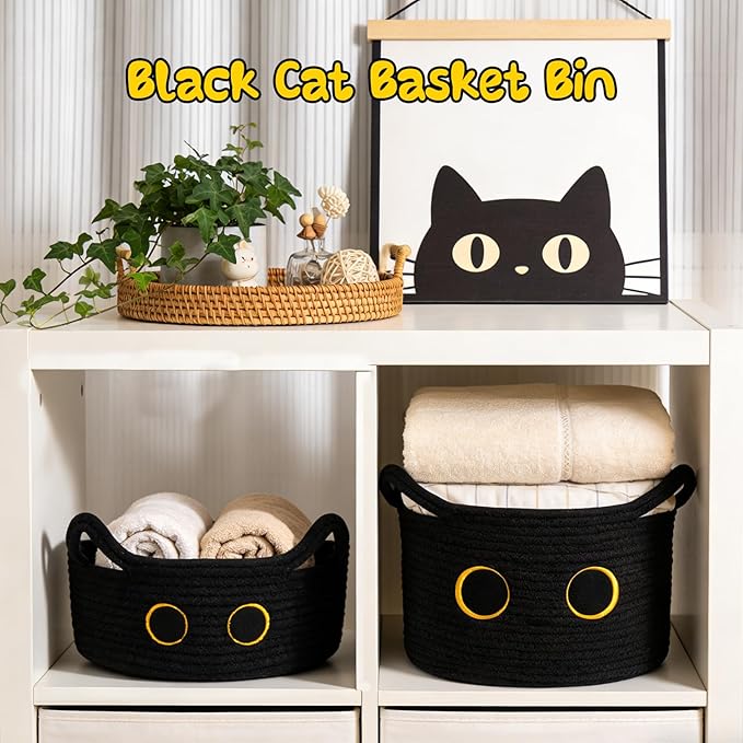 Black Cat Toy Basket for Nursery, Large Cute Cat Oval Woven Cotton Rope Blanket Storage Basket, Baby 0rganize Blanket Shower Hamper with Handles, Gifts Empty Storage Cat Bin,13"D x 8"H in