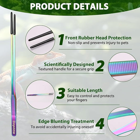 Reptile Feeding Tongs, Stainless Steel Reptile Tweezers Set, 10.6" Straight & Curved Tweezers with Soft Rubber Tip, for Aquarium Terrarium, Crafts, Reptile Tank Accessories