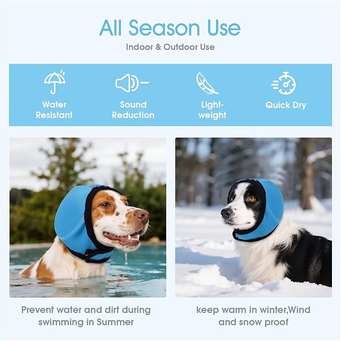 Dog Snood Ear Protectors,Waterproof Dog Ear Cover,Adjustable Dogs Ears Muffs Noise Protection,Dogs Ears Defenders,Pet No Shake Head Wraps for Ear Hematoma Grooming Firework Force Drying,Blue,M