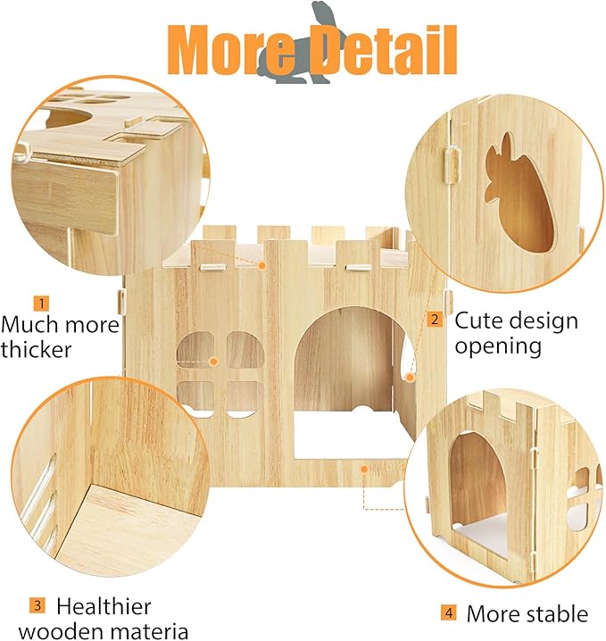 WUWEOT Large Wooden Rabbit House, 15.3''x11.3''x11.8'' Wood Bunny Hideout Castle, Small Animal Play Hideaway Hut and Playhouse for Indoor Adult Bunnies Guinea Pig Hamster Chinchilla Gerbil