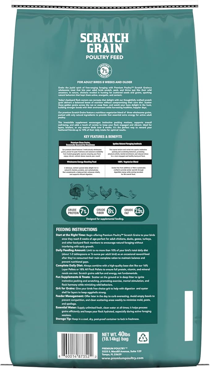 Chicken Scratch Grain for Chickens, Ducks & Turkeys, Natural 3-Grain Scratch Feed Treat, Made in USA, Foraging & Energy Support, 40 lbs