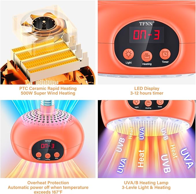 Chicken Coop Heater Lamps,200W-350W-500W Reptile Heating Lamp Upgraded with UVA UVB Ligh 3-6-9-12H Timer,Protable Greenhouse Heater for Outdoor Chicken Coop for Reptile Rabbits Dog Cats (5.2 Inch)