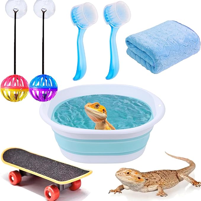 7 pcs Reptile Bathtub Set with Bath Brushes and Towel Foldable Lizard Bath Tub for Bearded Dragon Accessories Gecko Breaded Dragon Pool Water Washer Hedgehog Hamster Small Animals Bonus Swim Pool