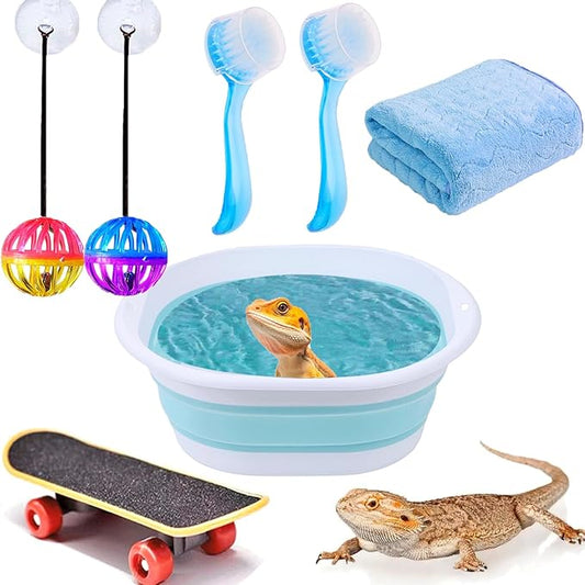 7 pcs Reptile Bathtub Set with Bath Brushes and Towel Foldable Lizard Bath Tub for Bearded Dragon Accessories Gecko Breaded Dragon Pool Water Washer Hedgehog Hamster Small Animals Bonus Swim Pool