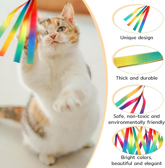 5 Pcs Cat Ribbon Toy, Cat Toy Wand Replacement Interactive Kitten Rainbow Toys Wand, Portable Cats Teaser Wands, Kitten Ribbon Refill Attachment Toys with Bell for Most Cats Kittens Small Pets