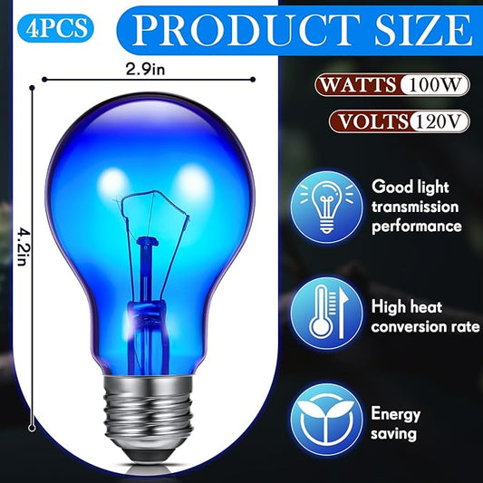 Retisee 4 Pack 100 Watt Heat Lamp Bulbs for Reptiles 120v Infrared Night Lamp and Day Blue Light Heat Bulb Day and Night Reptile Bulb for or Chicks, Puppies, Bearded Dragon, Snake, Turtle
