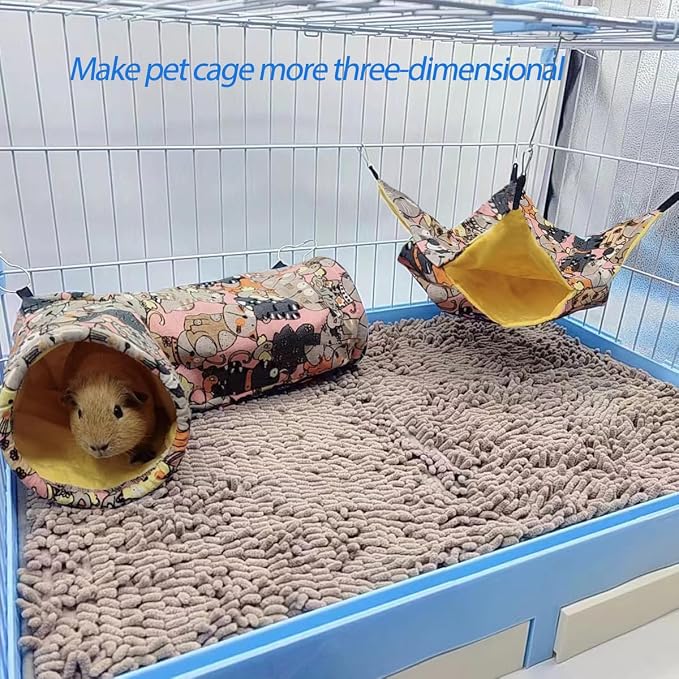 Guinea Pig Rat Tunnel Ferret Hammock, Small Animal Corner Tunnel & Tubes & Bed for Hedgehog Piggy Chinchilla Hideout Toys and Cage Accessories (3.Hammock&Tunnel, Pink cat)