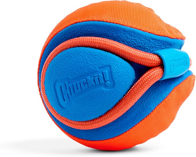 Chuckit! Rope Fetch Dog Toy - Ball on Rope Fetch and Tug-of-War Toy for Dogs - Durable EVA Rubber Construction - 5.5-inch Diameter - 18-inch Rope - Orange and Blue (Pack of 4)