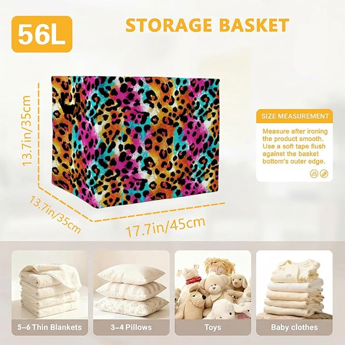 56L Leopard Print Laundry Basket Clothes Hamper with Handles,Foldable Blanket Storage Large Laundry Hamper with Waterproof PE,Toy Storage Bin Organizer,Cube Clothes Organizer,Home Decor