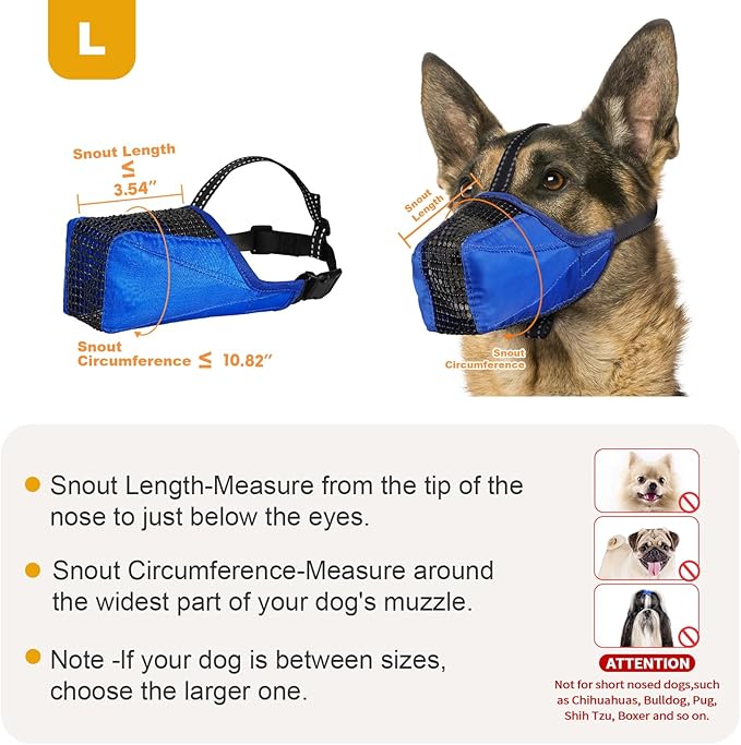 Mesh Dog Muzzle, Breathable Soft Dog Muzzle with Reflective Straps for Secure Fit, Prevents Biting, Chewing Scavenging- Adjustable for Small Medium Large Dogs,Blue,L