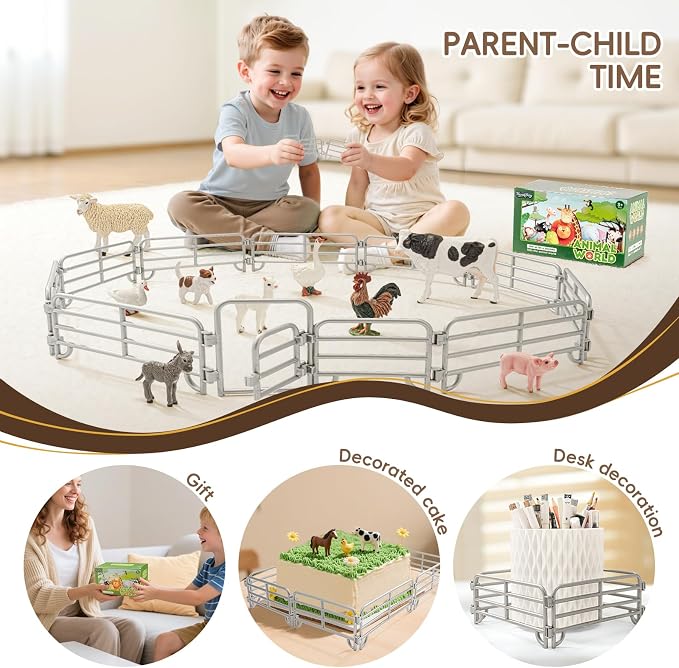 20PCS Large Farm Animal Corral Fence Toys with 2 Gates Fences for Kids Boys Girls, Educational Farm Animal Cake Toppers for Toddlers Children.