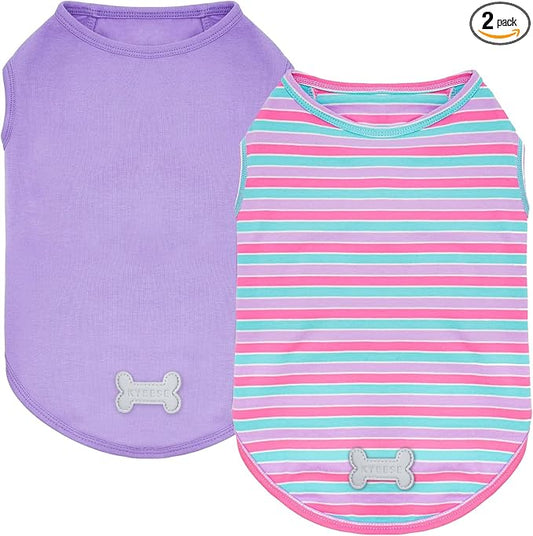 KYEESE 2Pack Dog Shirt, Soft Striped Dogs T Shirts, Lightweight Doggie Tank Top Cat Clothes, Sleeveless Dog Shirt for Small Dogs, Stretchy Pet Vest, Purple+Blue Striped, Medium