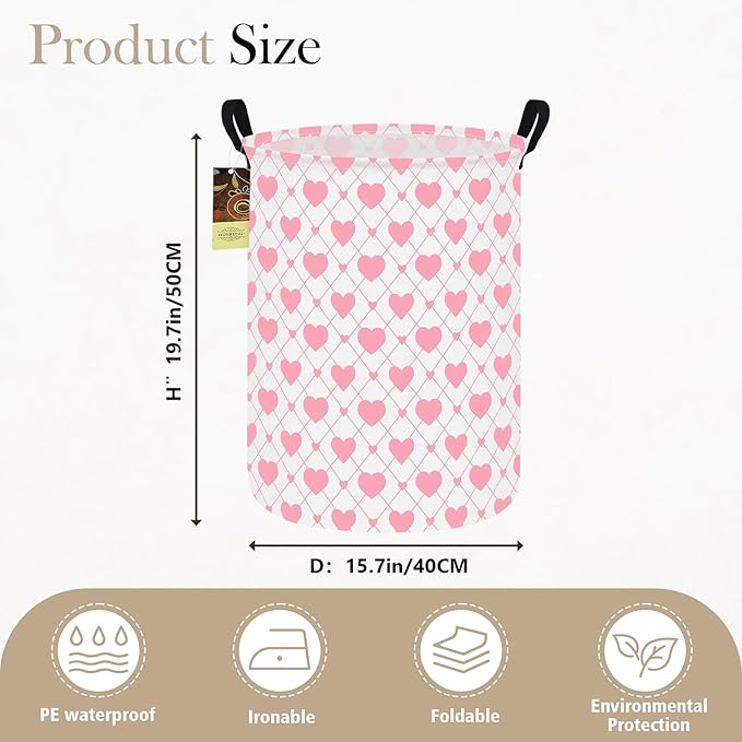 Collapsible Fabric Storage Basket, Waterproof Laundry Hamper with Handles, Round Storage Bin for Clothes Toys, Foldable Organizer for Bedroom Nursery Bathroom(Round-Heart)