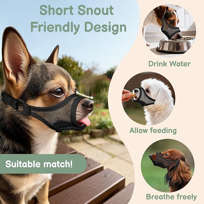 Mayerzon Mesh Dog Muzzle, Adjustable Muzzle for Small Medium Dogs, Prevent Fierce Barking Biting Eating, Ideal for Grooming Vet Visits Walking, Allow Panting & Drinking, Soft & Breathable (Black, S/M)