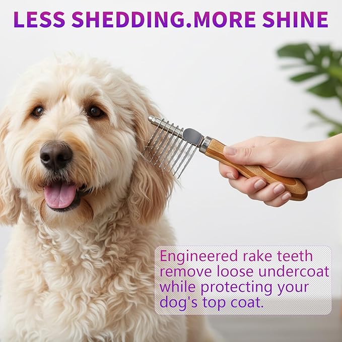 Dog Dematting Comb & Rake, Stainless Steel Pet Grooming Brush for Mats & Tangles, Gentle Undercoat Rake for Doodles, Poodles, Goldendoodles, Long/Short Haired Dogs & Cats, Non-Slip Wooden Handle