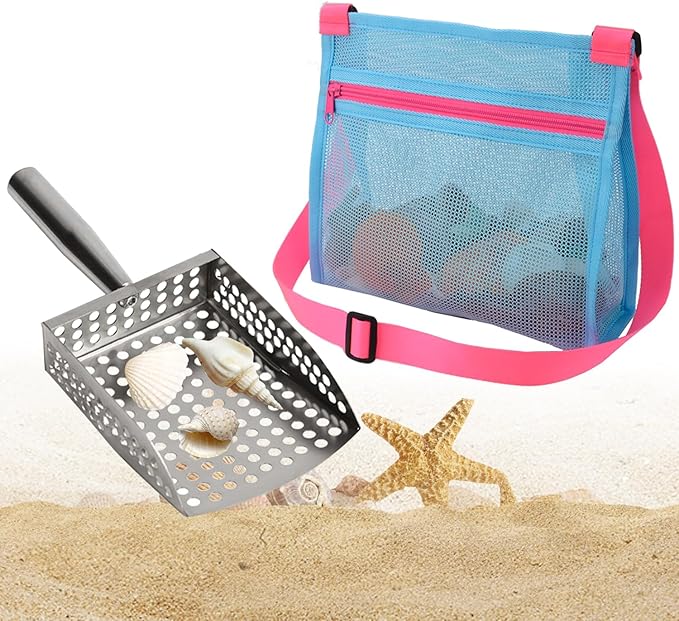 MUYIZI Sand Sifter Shovel with Mesh Beach Bag, Detachable Shell Scooper for Beach,Sand Scoop for Shell Collecting, Shark Teeth Sifter Dipper, Beach Toys for Kids & Adults(Bright Pink+Blue)