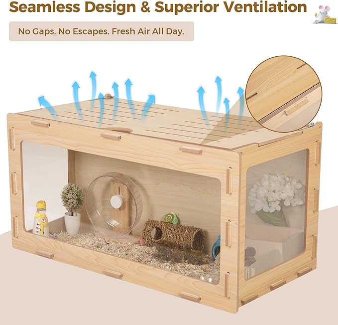 COZIWOW Hamster Cage, Chewproof 32" Large Wooden Hamster Enclosure with 270° Panoramic View, Acrylic Small Animal Habitat Cage for Syrian, Guinea Pig, Chinchilla, Gerbil