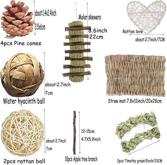 Bunny Hamsters Chew Toys Set, Straw Woven Bed Mat& Rabbit Pet Tooth Organic Natural Apple Wood Grass Cake Ideal for Chinchilla, Guinea Pigs, Syrian Rat,birds,Teeth Grinding&Hámster Conejo(22Pieces)