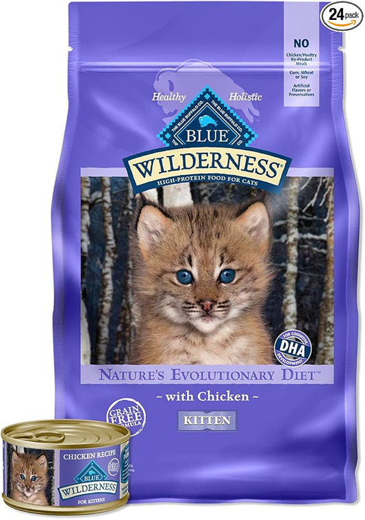 Blue Buffalo Wilderness High Protein, Natural Grain Free Kitten Food Bundle - Chicken (5-lb Dry Food + 3oz cans 24ct)