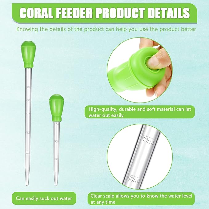 Weewooday 2 Pieces Aquarium Coral Feeder with 2 Pieces Stainless Steel Feeding Long Tweezers Syringe Spot Coral Feeder Reptile Feeding Tools for Aquatic Plant Reef Anemones Lionfish (Green, Silver)