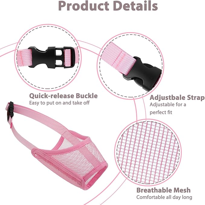 LUCKYPAW Dog Muzzle Suits for Small Medium Large Dogs, Mesh Muzzle Anti Biting Chewing, Breathable Mouth Cover Set with Adjustable Strap for Grooming Vet Visiting Training (Small 3 PCS(XXS-S), Pink)