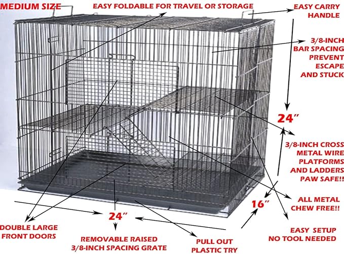 3-Levels Easy Portable Collapsible Ferret Chinchilla Sugar Glider Rats Mouse Animal Critter Bite-Proof Metal Carrier Travel Cage with Narrow 3/8-Inch Bar Spacing Easy to Setup No Tools Needed