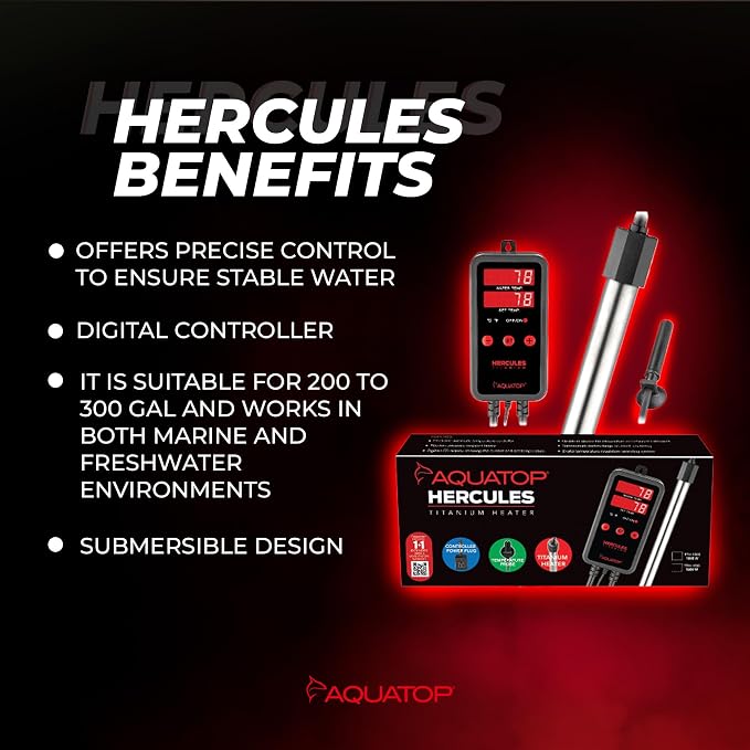 Aquatop Hercules 1,000W Titanium Heater with Digital Controller – for 300-Gallon Tanks – Adjustable Temperature – for Fresh & Saltwater Aquariums